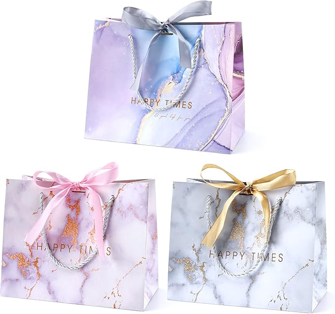 JMANNI Gift Bags, 3PCS Medium Size with Bow Ribbon, Portable Paper Gift Bag, Marble Pattern, for Any Occasion, Including C...