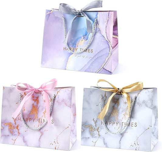 JMANNI Gift Bags, 3PCS Medium Size with Bow Ribbon, Portable Paper Gift Bag, Marble Pattern, for Any Occasion, Including C...