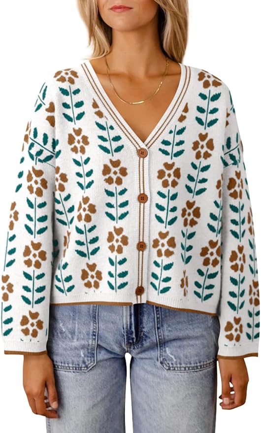 Saodimallsu Womens Floral Print V Neck Cardigan Open Front Button Down Knit Sweater Long Sleeve Loose Fashion Tops