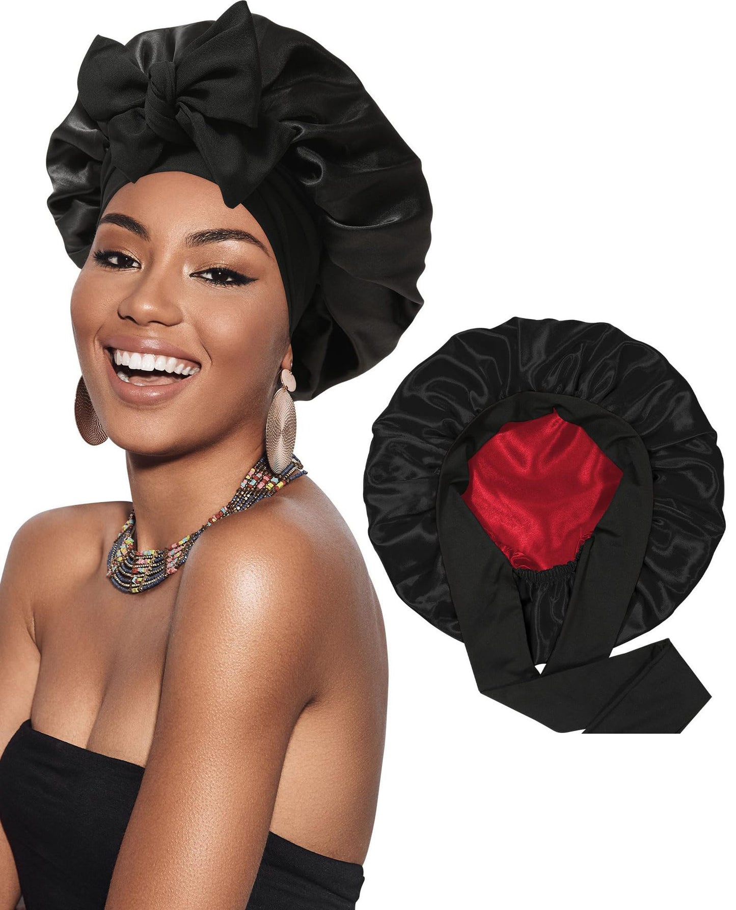 Double-layer Satin Ribbon Round Cap Bow Artificial Silk Beauty Hair Care Wide-brimmed Hat