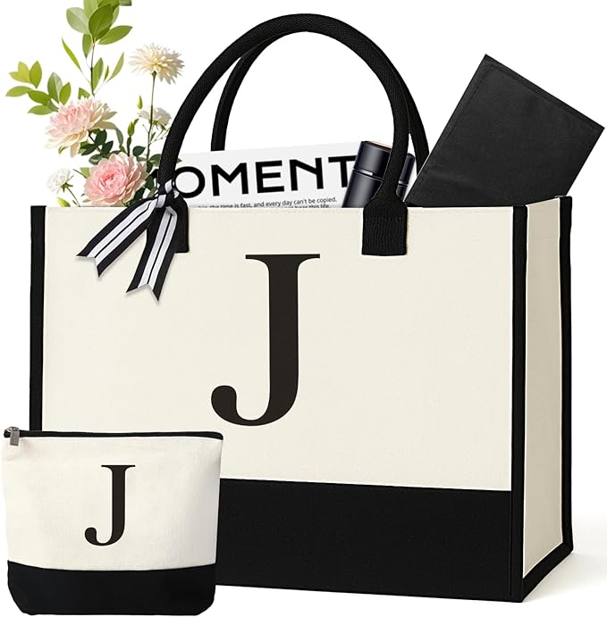 GENGBIN Personalized Canvas Tote Bag for Women Makeup Pouch Initial Beach Bag Removable Bottom Board for Travel Birthday