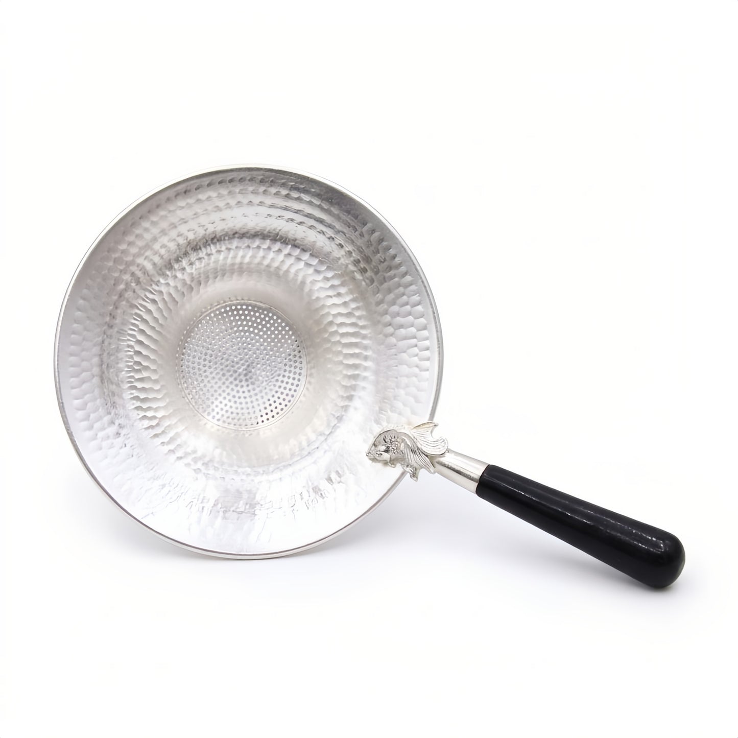 Pure 999 Fine Silver Handcrafted Silver Hammered Tea Strainer with Ornamental Fish Handle - Handicraft