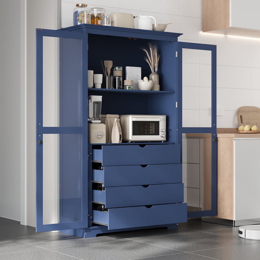 TOPMAx 44.7x20x75inch Kitchen Pantry  Freestanding Kitchen Storage Cabinet Display Cabinet With Glass Doors And 4 Built- In Drawers For Living Room  Home Office  Blue