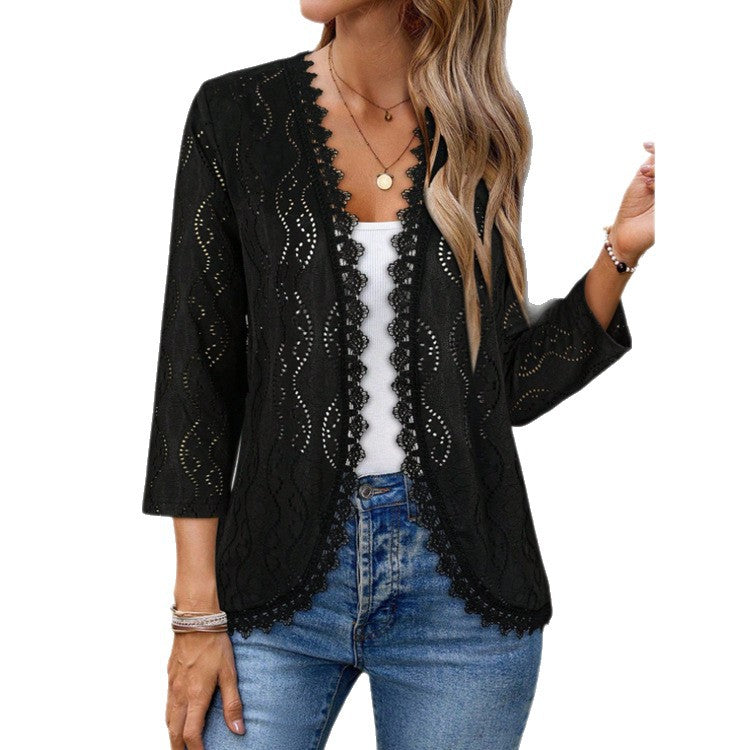 Womens Fashion Lace-spliced Long-sleeve Top