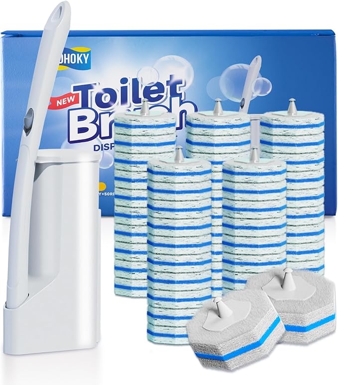 Disposable Toilet Brush Cleaning System with 50pcs Refills Pads Replacement Heads, Toilet Cleaning Stick, Wall Mounted Tol...