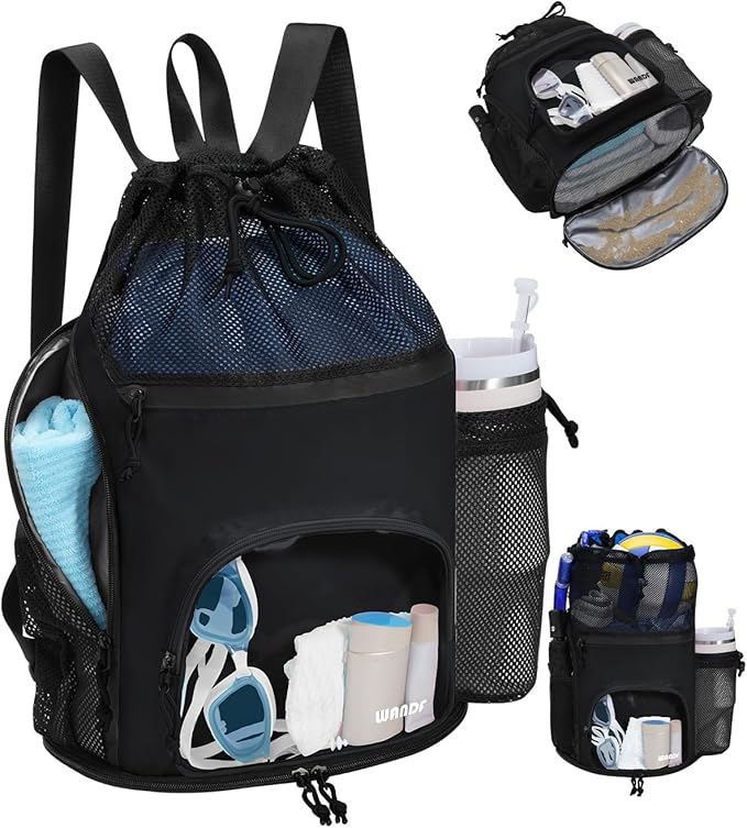 WANDF Swim Bag with Wet Pockets, Sandproof Beach Backpack with 40oz Tumbler Side Pockets, Mesh Drawstring Backpack Swim Ba...