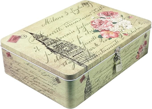 DreamsEden Decorative Keepsake Box with Hinged Lid and Small Lock, Large Letter Size, Tin Sheet Metal - Storage Memory Box...