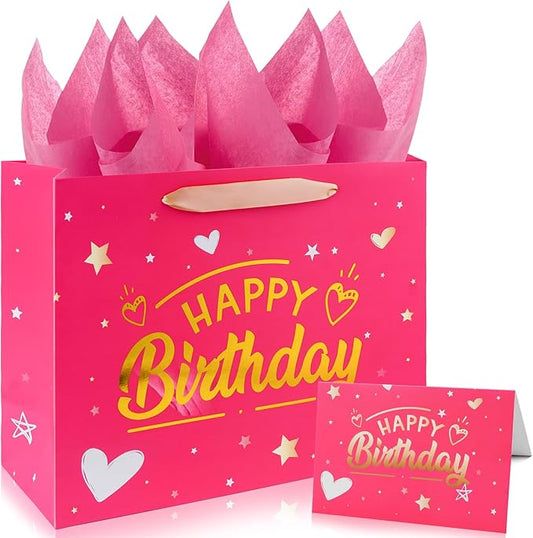 Yixiang Birthday Gift Bags,13 Inches Birthday Gift Bag with Tissue Paper and Greeting Card for Women,Girls