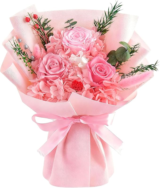 Gnifot Preserved Flowers Bouquet, Flowers for Delivery,Handmade Pink Rose Bouquets Lasting 3-5 Years, Luxury Gift Box,Birt...