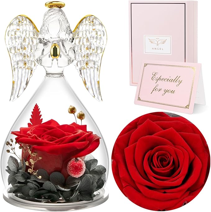 Sunia Gifts for Mom Birthday Gifts for Women, Mothers Day Preserved Real Roses in Glass Angel Figurine Forever Flowers for...