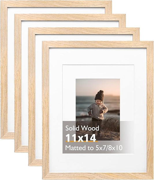 KINLINK 11x14 Picture Frame Natural, Solid Wood Frames 14x11 with Acrylic Plexiglass for Pictures 5x7/8x10 with Mat or 11x...