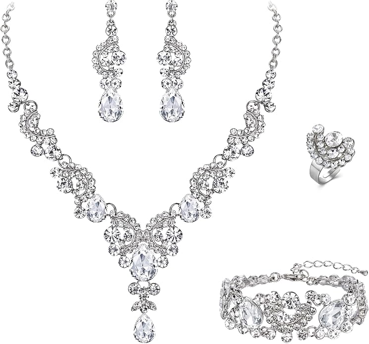 EVER FAITH Rhinestone Crystal Bridal Floral Wave Teardrop Necklace Earrings Set