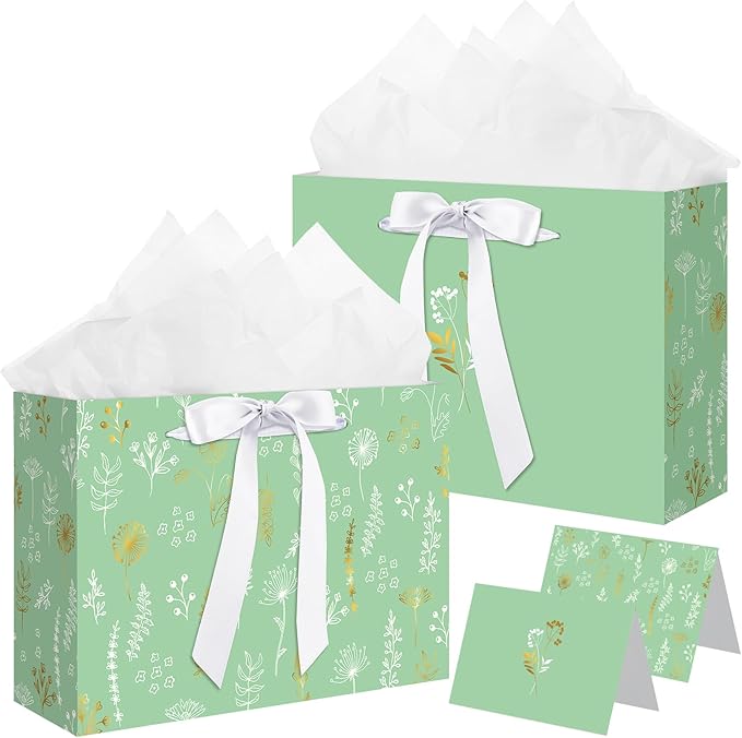 woric 13.7''Gift Bags Set of 2 Large Sage Green Bags for Women with Handles Tissue Paper Cards for Mother's Day Weddings B...