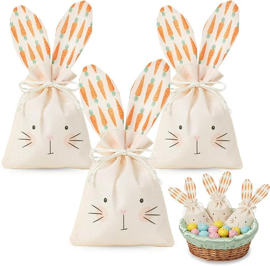 Easter Treat Bags, 3Pcs Easter Bunny Gift Bags, Reusable Burlap Rabbit Ear Gift Pouches with Drawstring for Candy Egg Hunt...