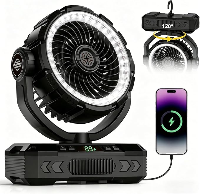 Rechargeable Camping Fan with Oscillating,【Max 60Hrs】Portable Battery Powered Operated Fan,20000mAh Outdoor Turbo Tent Fan...