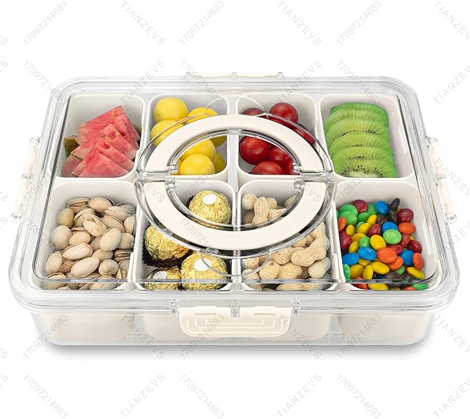 HRXFOZ Divided Serving Tray with Lid and Handle,8 Compartments Snacks Box,Snack Fruit and Veggie Tray,Portable Platter for...