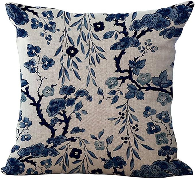 ChezMax Blue and White Porcelain Throw Pillow Cover, Decorative Chinoiserie Floral Chair Back Cushion Case Linen Cotton Pi...