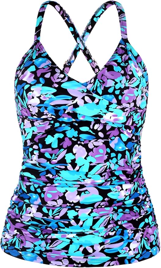 Ocean Blues Women's Vneck Tankini Top Only Ruched Tummy Control Bathing Siut Top No Bottom