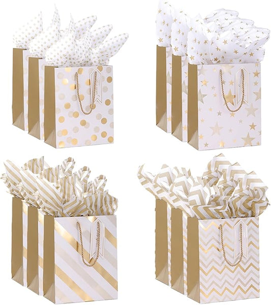 Dimetey 12pcs 9" Gift Bags, Medium Size Paper Bags with Tissue Paper, White Gold Wrap Paper Gift Bags with Handles for Sho...