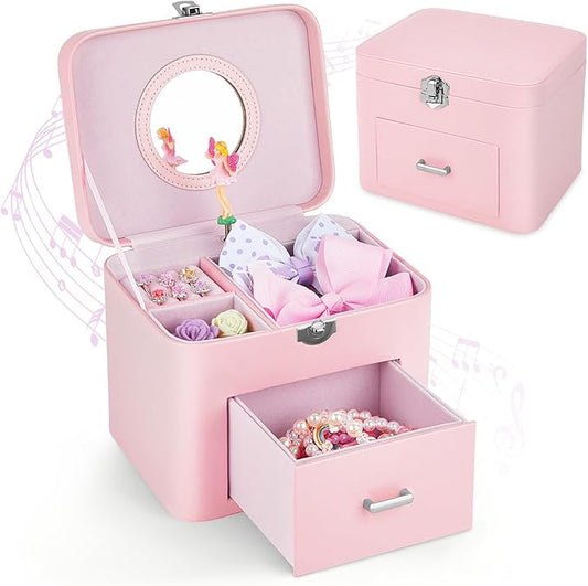 Basumee Musical Jewelry Box for Girls PU Leather Music Box with Drawer Large Kids Jewelry Organizer with Unicorn/Ballerina...