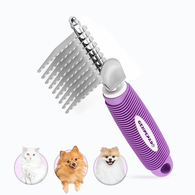 GENPEPADO Dematting Undercoat Rake Comb for Dogs & Cats with Long 2.5-In Stainless Steel Safety Blades for Removing Knots,...