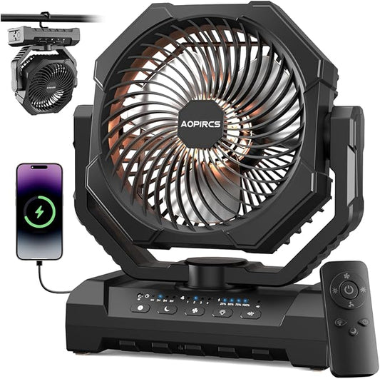 Camping Fan Rechargeable, 60H Long-Lasting Battery Powered Fan - 4 Speeds, 3 Light, Timer, Sleep Mode, Hook, Portable Fans...