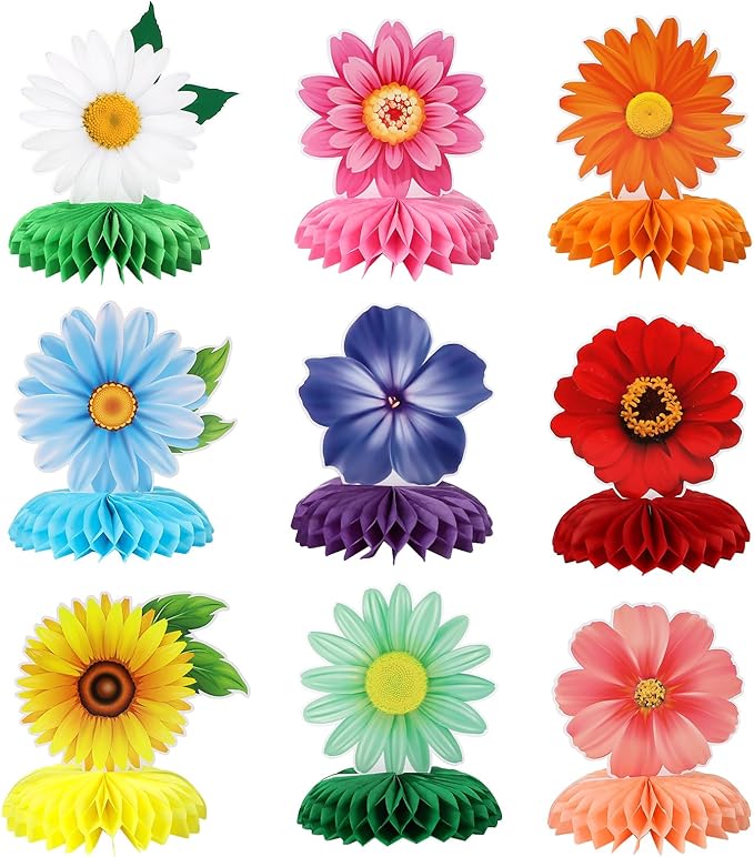 9 Pieces Spring Flower Centerpieces for Tables, Honeycomb Spring Birthday Party Decorations, Baby Shower Centerpieces for ...