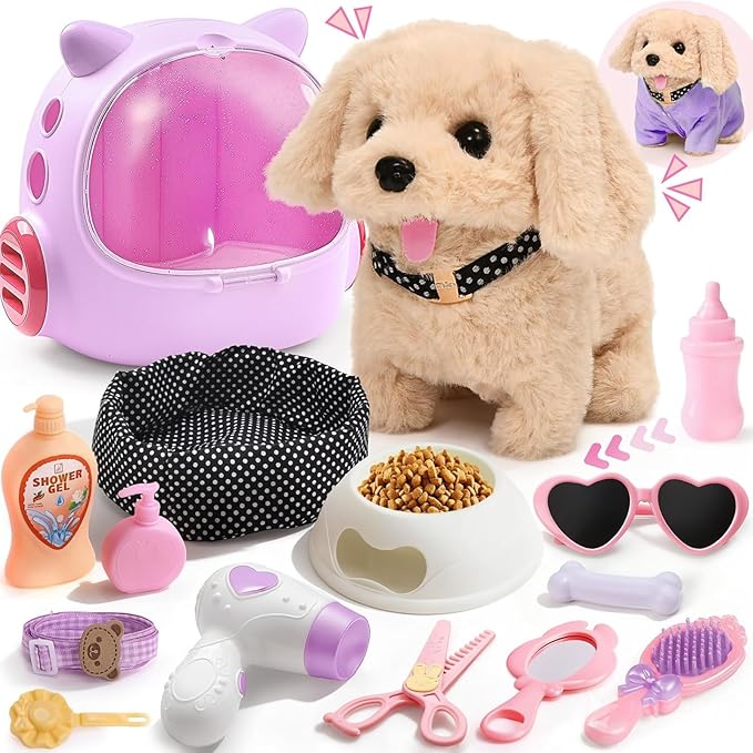 Cleboen 17pcs Robot Dog Toys for Girls Kids Boys 3-6, Realistic Interactive Robot Puppy Dog Plush Toys with Walk & Bark, P...