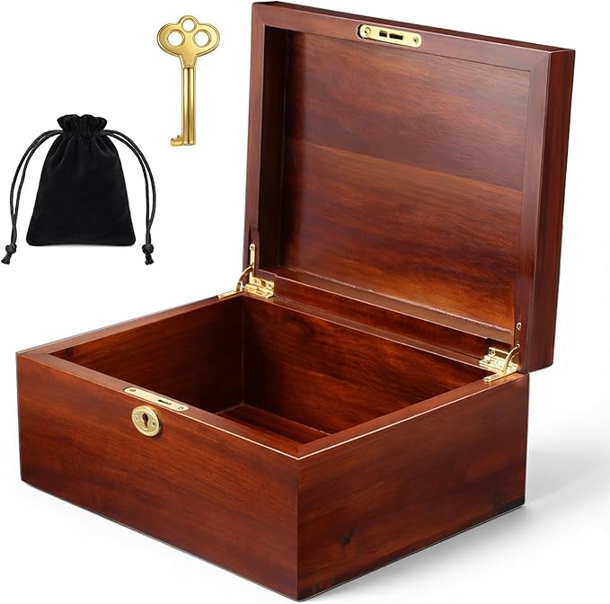Wooden Storage Box with Hinged Lid and Locking Key Large Memory Box For Keepsakes Acacia Wood Boxes Memory treasure Wood B...