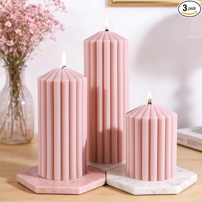 Pink Ribbed Pillar Candle Set of 3 - Wild Bluebell Scented Soy Wax Candle,Aesthetic Decorative Textured Pillar for Home De...