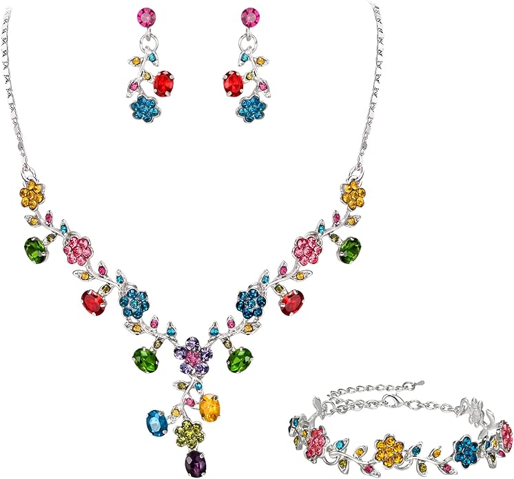 EVER FAITH Bridal Jewelry Sets for Wedding Rhinestone Crystal Flower Leaf Costume Pendant Necklace Earrings Set for Women