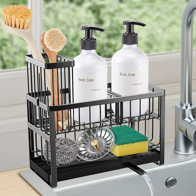 Sinnsally Kitchen Sponge Holder,2 Tier Sink Caddy Organizer with High Brush Holder,Stainless Steel Sink Box Dish Scrubber ...