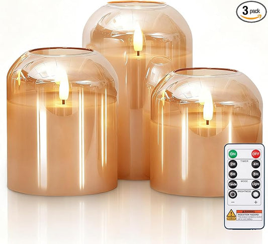 Homemory Glass Flameless Candles, Battery Operated Plliar Candles Realistic Flickering, LED Electric Light with Remote and...