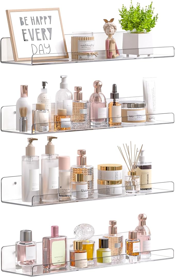 upsimples Acrylic Shelves for Bathroom Storage, 15" Floating Shelves Wall Organizer for Perfume, Make up, Skincare, Kids B...