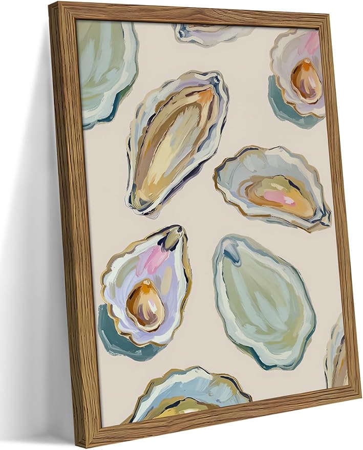 Framed Oyster Shell Canvas Wall Art, Colorful Abstract Wall Art Print, Coastal Beach House Wall Decor, Summer Dining Room ...