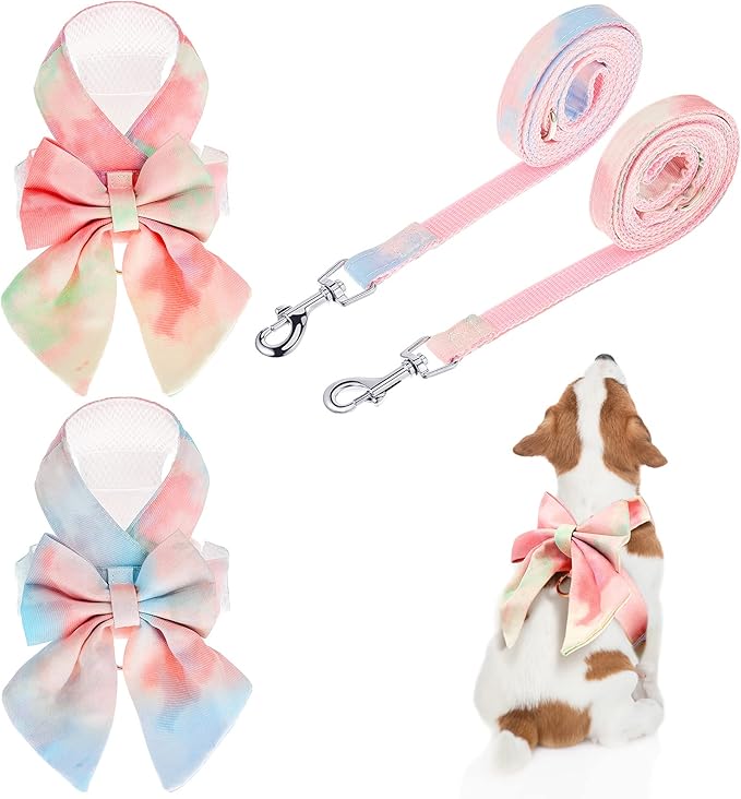2 Sets Bow Tie Small Dog Harness and Leash Set Cute Dog Puppy Harness Adjustable Soft Mesh Dog Vest for Puppies Cat Pet Wa...