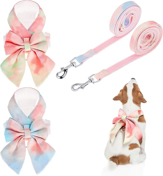 2 Sets Bow Tie Small Dog Harness and Leash Set Cute Dog Puppy Harness Adjustable Soft Mesh Dog Vest for Puppies Cat Pet Wa...