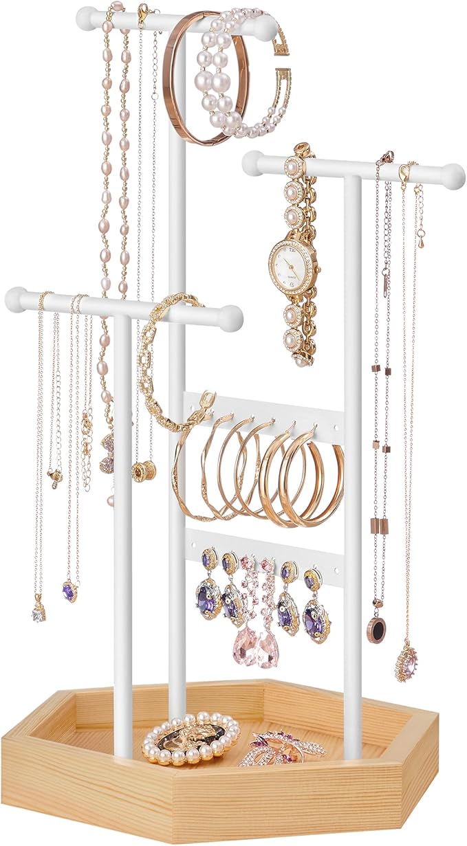 SONGMICS Jewelry Holder, Jewelry Organizer, 3 Tiers and 1 Tray, Jewelry Display Stand with Metal Frame, Necklace Earring B...