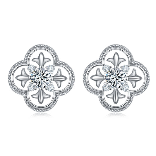 S925 Sterling Silver Clover Stud Earrings, 0.5ct D-VVS1 Moissanite, Platinum Plated Beaded Edge, 2.7g Women's Jewelry Gift Box