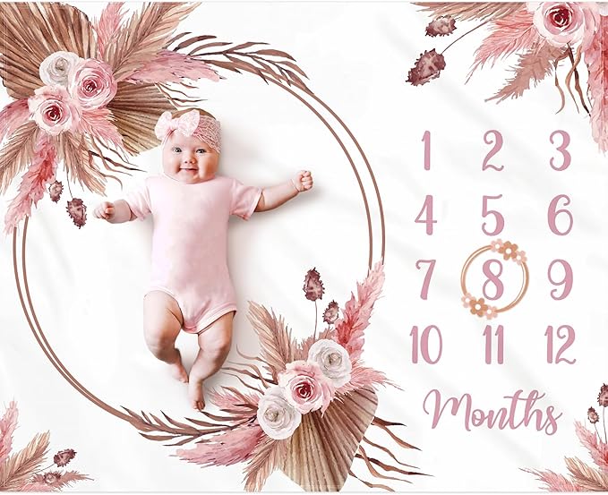 Gicoherero Floral Boho Baby Monthly Milestone Blanket Little Girl Bohemian Photo Prop Blanket Personalized Bliss Baby Pres...