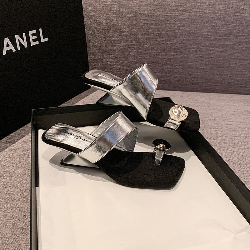 Women French Wedge Toe Loop Slide Sandals, 2026 New Summer Niche Square Toe Slip On Mules For Matching Dresses