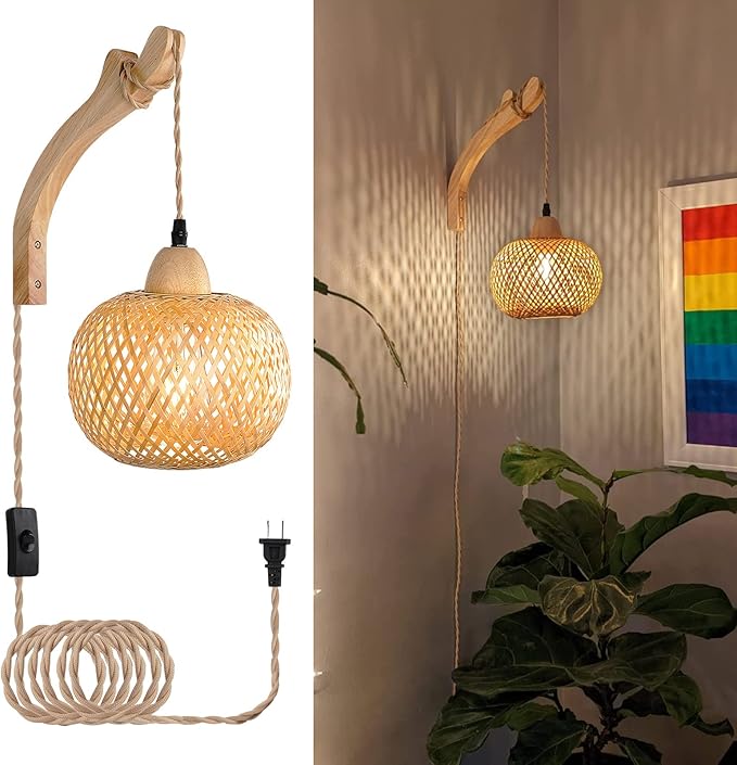 Frideko Bamboo Lantern Plug in Wall Sconces Wicker Wall Lamp with Plug in Cord Hand Woven Rattan Wall Light Farmhouse Rust...