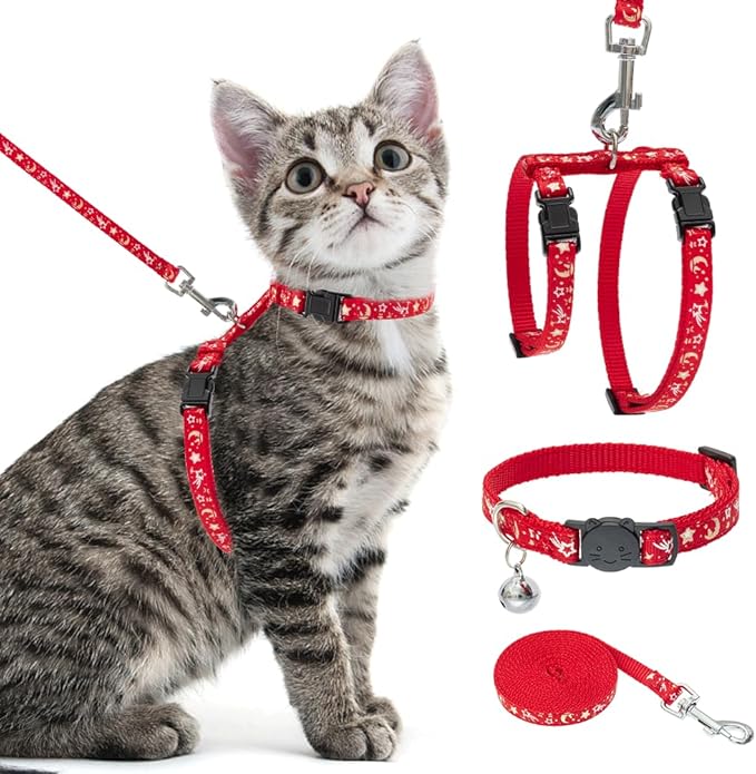 PAWCHIE Cat Harness with Leash and Collar Set - Escape Proof Adjustable H-shped Cat Harness with Star and Moon Pattern Glo...