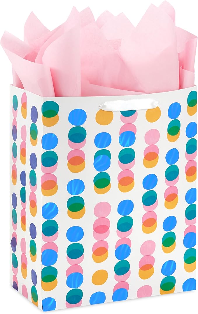 Hallmark 13" Large Gift Bag with Pink Tissue Paper (Pink, Yellow, Foil Blue Dots) for Valentine's Day, Birthdays, Mother's...