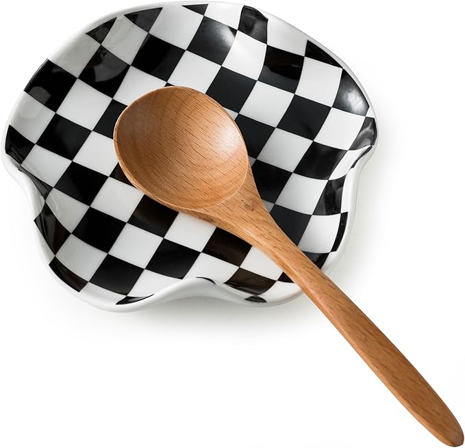 Miamolo Spoon Rest for Stove Top, 5.3in Checkered Spoon Holder Utensil Rest, Ceramic Spoon Rests for Coffee Bar, Kitchen G...