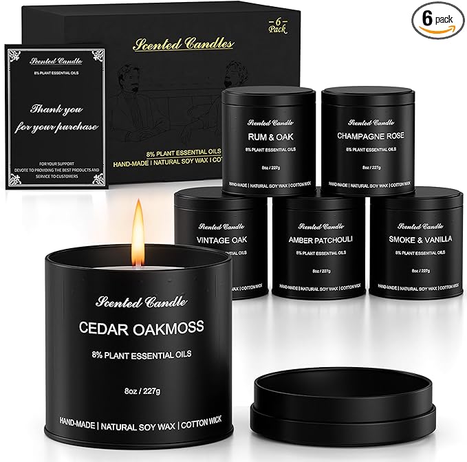 Men's Scented Candles Gift Set - 6 Pack Luxury Soy Candles for Home Scented, Masculine Woodsy Fragrances: Smoke Vanilla, R...