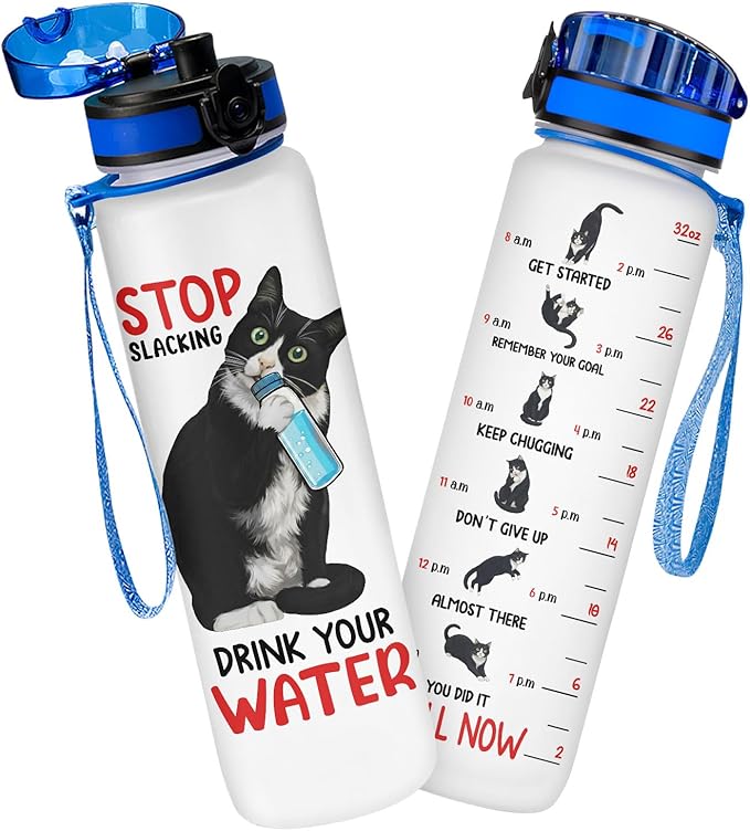 GEPOSTORE Funny Cat Hydration Water Bottle 32oz with Time Marker, Cute Cat Mom Gift for Women, Reusable Daily Motivation D...