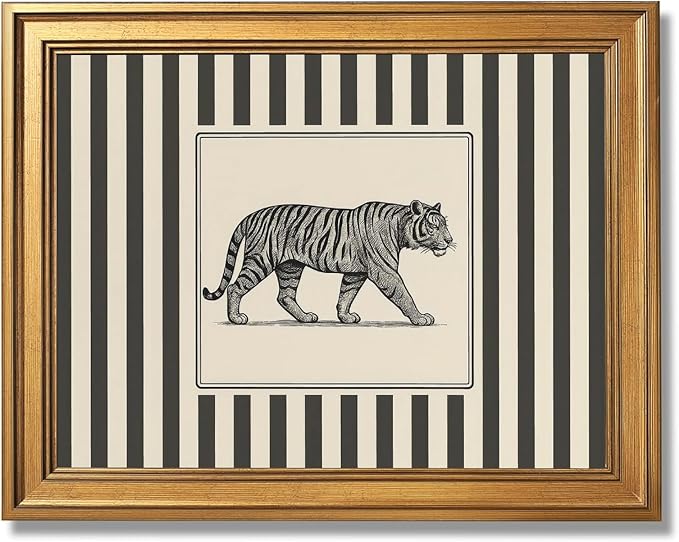 Gold Framed Vintage Tiger Wall Art Black and White Striped Wild Animal Poster Retro Jungle Big Cat Wildlife Canvas Print B...