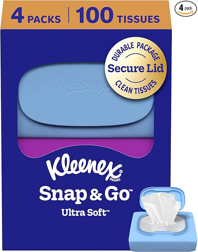 Kleenex Snap & Go Ultra Soft Facial Tissues, 4 On-the-Go Packs, 25 Tissues per Pack, 3-Ply, Packaging May Vary