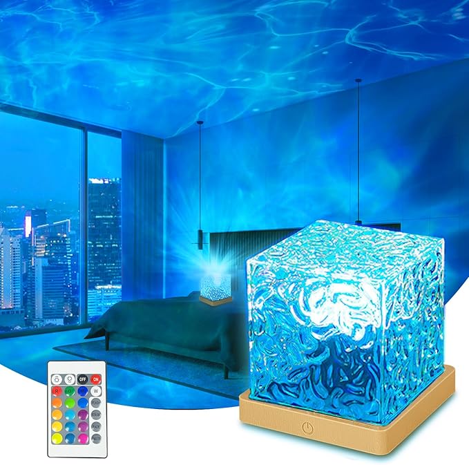 ZLDYPINK Ocean Wave Projector Light, 16 Colors Havie Cube Lamp, 3D Holographic Water Ripple Lamp with Remote Control, Nort...